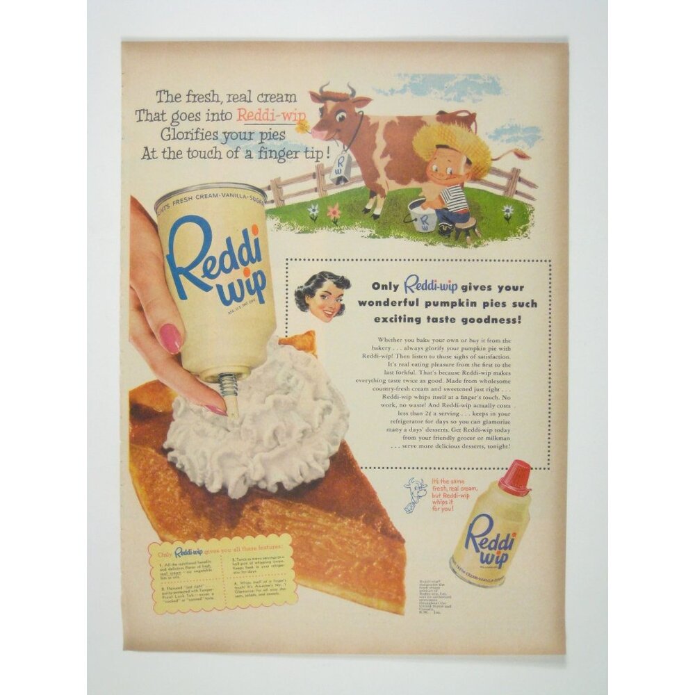 Vintage 1950s Reddi Wip Advertising Print Pumpkin Pie Thanksgiving Farm Cow